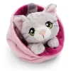 Grey striped soft toy cat in basket