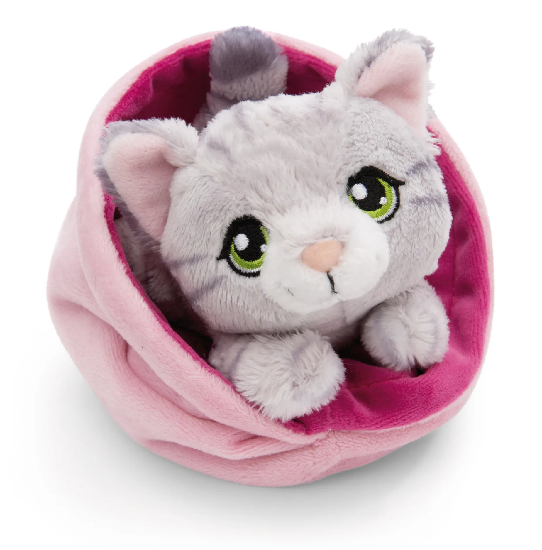 Grey striped soft toy cat in basket
