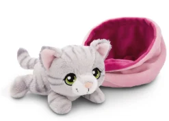 Grey striped soft toy cat in basket