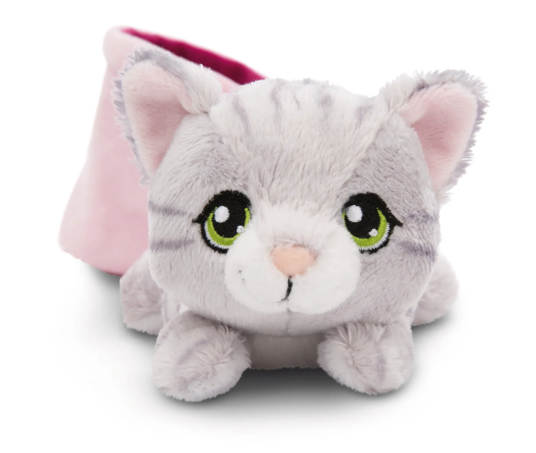 Grey striped soft toy cat in basket