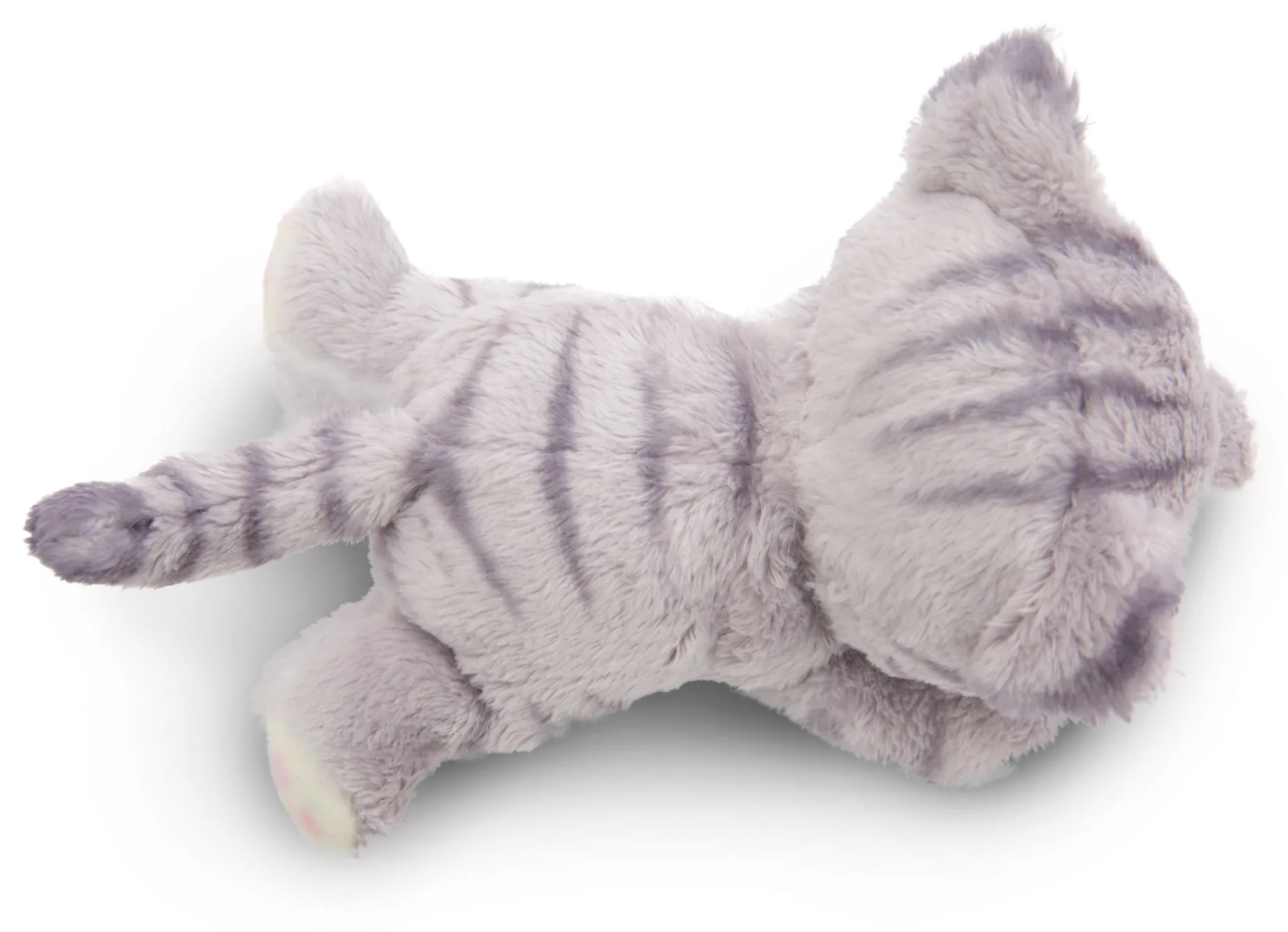 Grey striped soft toy cat in basket
