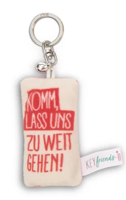 Keyholder mini plush cushion "Komm, lass uns zu weit gehen!" w. bell