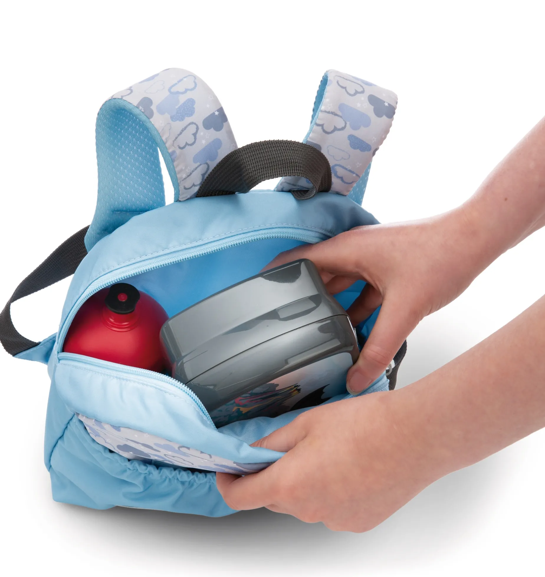 Light blue Backpack with soft toy rabbit