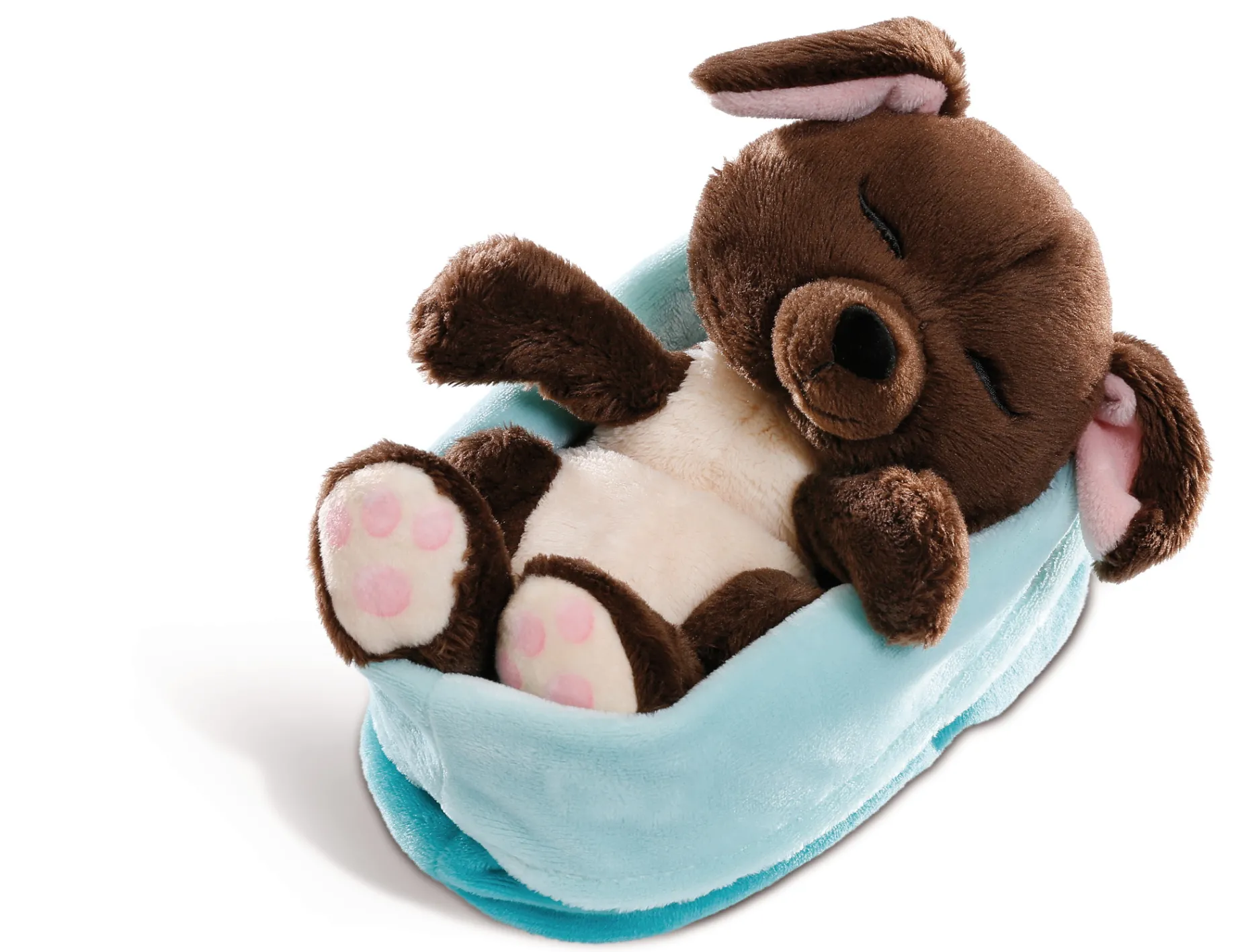 Sleeping Puppies dog 16cm in blue-turquoise basket