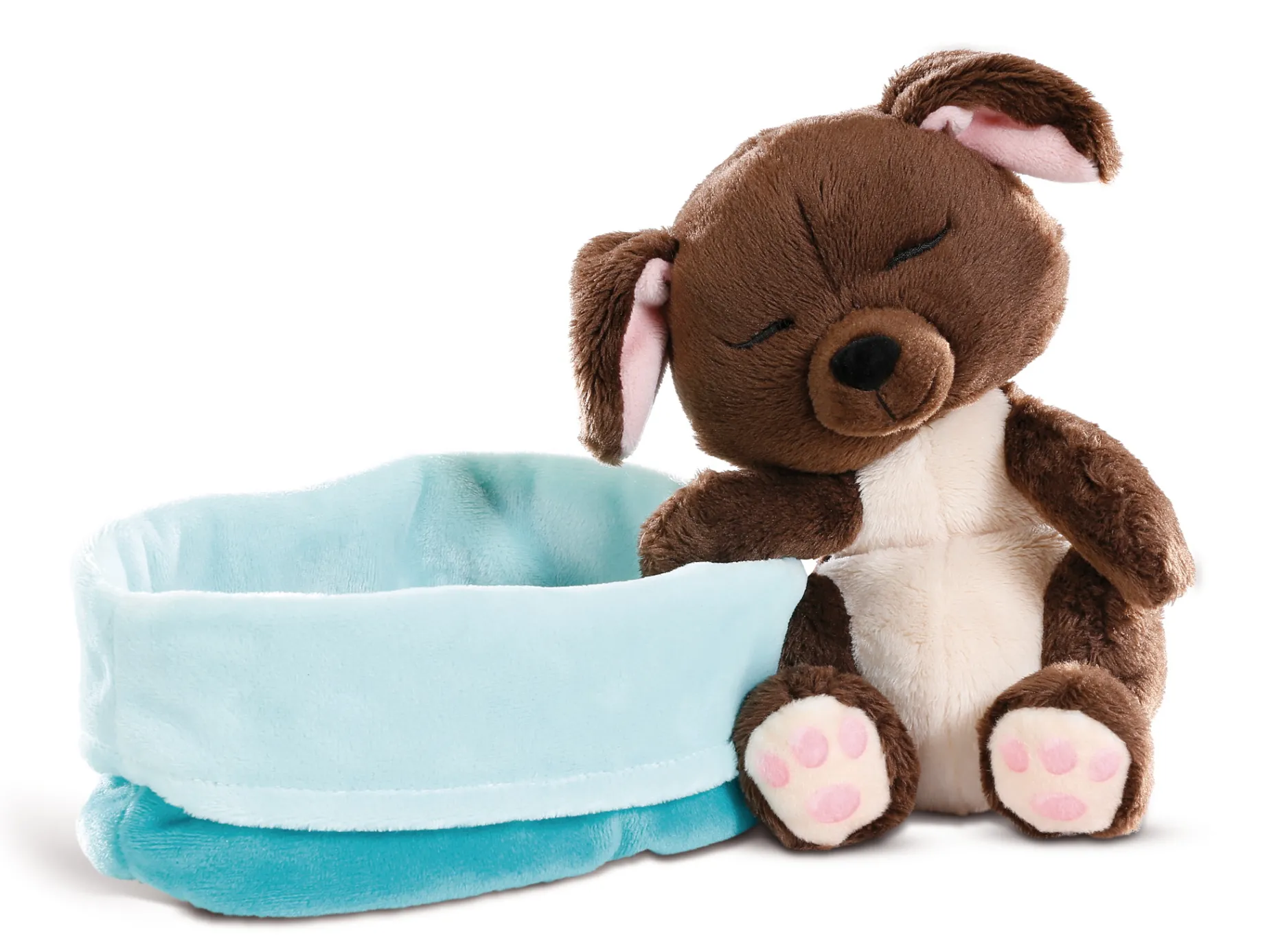 Sleeping Puppies dog 16cm in blue-turquoise basket