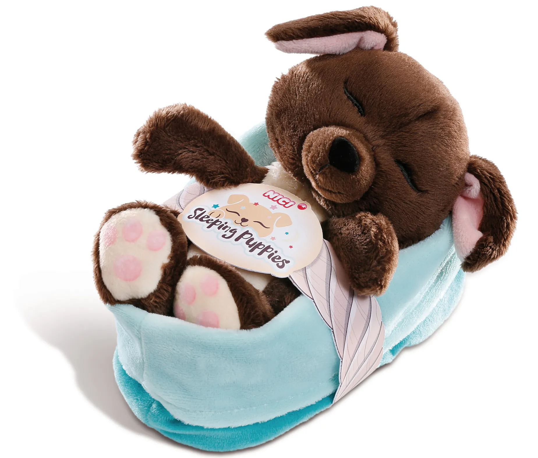 Sleeping Puppies dog 16cm in blue-turquoise basket