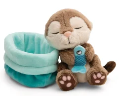 Soft toy otter with fish 12cm in blue basket NICI GREEN
