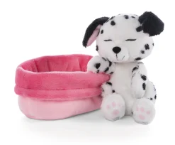 Soft toy puppy dalmatian sleeping in basket
