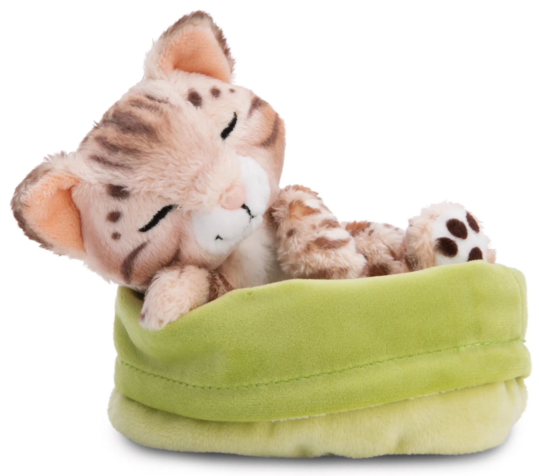 Soft Toy Sleeping Pets Bengal Cat 12cm in light green basket NICI GREEN