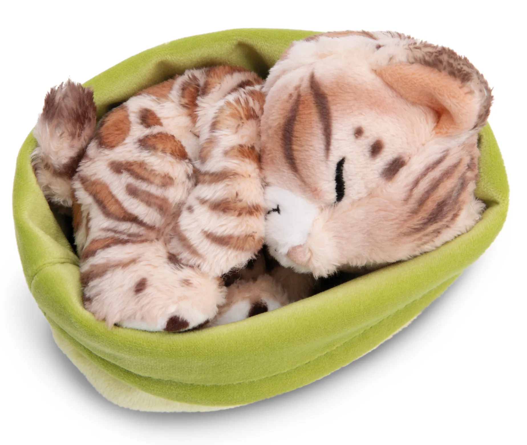 Soft Toy Sleeping Pets Bengal Cat 12cm in light green basket NICI GREEN