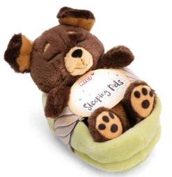 Soft Toy Sleeping Pets brown dog 12cm in green basket NICI GREEN