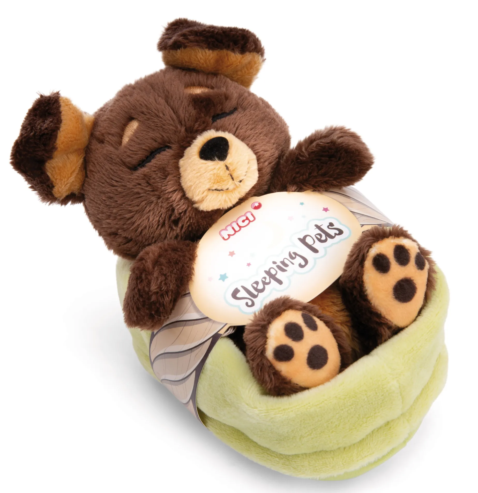 Soft Toy Sleeping Pets brown dog 12cm in green basket NICI GREEN