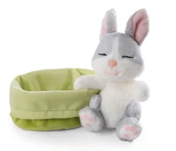 Soft Toy Sleeping Pets Bunny grey 12cm in green basket