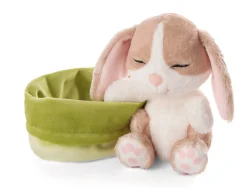 Soft Toy Sleeping Pets Bunny cappuccino 12cm in green basket