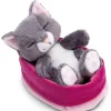 Soft Toy Sleeping Pets grey cat 12cm in light pink basket NICI GREEN