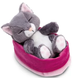 Soft Toy Sleeping Pets grey cat 12cm in light pink basket NICI GREEN