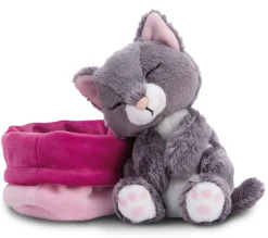 Soft Toy Sleeping Pets grey cat 12cm in light pink basket NICI GREEN