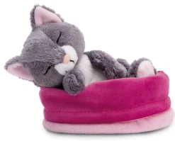 Soft Toy Sleeping Pets grey cat 12cm in light pink basket NICI GREEN