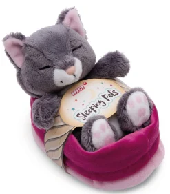 Soft Toy Sleeping Pets grey cat 12cm in light pink basket NICI GREEN