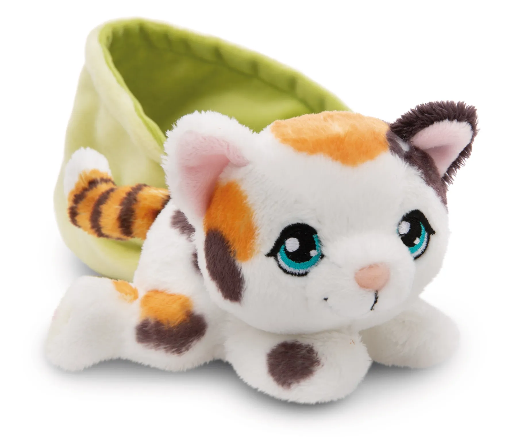 Spotted soft toy cat in basket