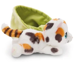 Spotted soft toy cat in basket